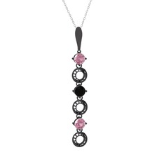 Pembe kuvars ve siyah zirkon 925 ayar siyah rodyum kaplama gümüş kolye (40 cm beyaz altın rolo zincir)