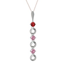 Garnet ve pembe kuvars 925 ayar gümüş kolye (40 cm rose altın rolo zincir)