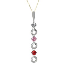 Beyaz zirkon, pembe kuvars ve garnet 8 ayar beyaz altın kolye (40 cm altın rolo zincir)