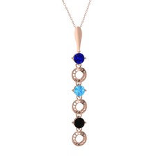 Lab safir, akuamarin ve siyah zirkon 925 ayar rose altın kaplama gümüş kolye (40 cm rose altın rolo zincir)