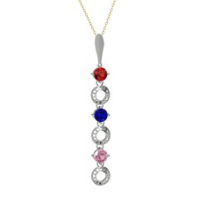 Garnet, lab safir ve pembe kuvars 14 ayar beyaz altın kolye (40 cm altın rolo zincir)