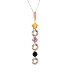 Sitrin, pembe kuvars ve siyah zirkon 8 ayar rose altın kolye (40 cm beyaz altın rolo zincir)