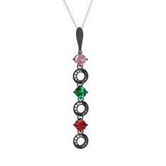 Pembe kuvars, yeşil kuvars ve garnet 925 ayar siyah rodyum kaplama gümüş kolye (40 cm beyaz altın rolo zincir)