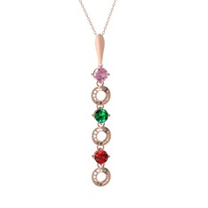 Pembe kuvars, yeşil kuvars ve garnet 925 ayar rose altın kaplama gümüş kolye (40 cm rose altın rolo zincir)