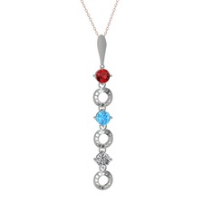 Garnet, akuamarin ve beyaz zirkon 14 ayar beyaz altın kolye (40 cm rose altın rolo zincir)