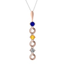 Lab safir, sitrin ve beyaz zirkon 14 ayar rose altın kolye (40 cm beyaz altın rolo zincir)