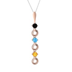 Siyah zirkon, akuamarin ve sitrin 14 ayar rose altın kolye (40 cm beyaz altın rolo zincir)