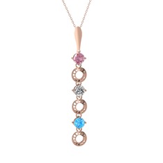 Pembe kuvars, beyaz zirkon ve akuamarin 14 ayar rose altın kolye (40 cm rose altın rolo zincir)