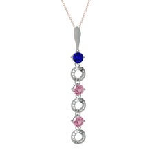 Lab safir ve pembe kuvars 14 ayar beyaz altın kolye (40 cm rose altın rolo zincir)