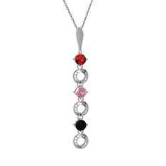 Garnet, pembe kuvars ve siyah zirkon 8 ayar beyaz altın kolye (40 cm gümüş rolo zincir)