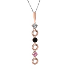 Beyaz zirkon, siyah zirkon ve pembe kuvars 14 ayar rose altın kolye (40 cm gümüş rolo zincir)