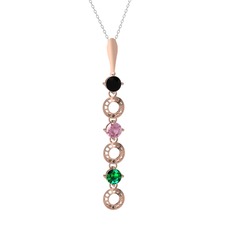 Siyah zirkon, pembe kuvars ve yeşil kuvars 8 ayar rose altın kolye (40 cm beyaz altın rolo zincir)