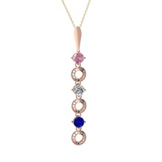 Pembe kuvars, beyaz zirkon ve lab safir 925 ayar rose altın kaplama gümüş kolye (40 cm altın rolo zincir)