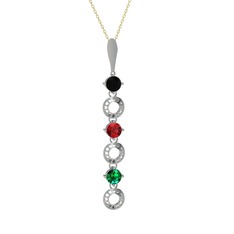 Siyah zirkon, garnet ve yeşil kuvars 14 ayar beyaz altın kolye (40 cm altın rolo zincir)