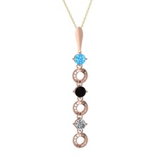 Akuamarin, siyah zirkon ve beyaz zirkon 8 ayar rose altın kolye (40 cm gümüş rolo zincir)