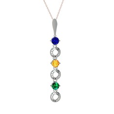 Lab safir, sitrin ve yeşil kuvars 8 ayar beyaz altın kolye (40 cm rose altın rolo zincir)