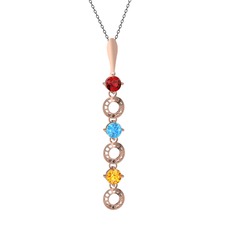 Garnet, akuamarin ve sitrin 8 ayar rose altın kolye (40 cm gümüş rolo zincir)