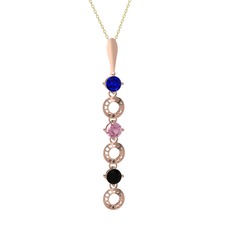 Lab safir, pembe kuvars ve siyah zirkon 8 ayar rose altın kolye (40 cm altın rolo zincir)