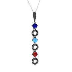 Leilani Kolye - Lab safir, akuamarin ve garnet 925 ayar siyah rodyum kaplama gümüş kolye (40 cm beyaz altın rolo zincir) #i7bn32