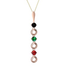 Siyah zirkon, yeşil kuvars ve garnet 14 ayar rose altın kolye (40 cm gümüş rolo zincir)