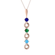 Lab safir, yeşil kuvars ve akuamarin 14 ayar rose altın kolye (40 cm rose altın rolo zincir)