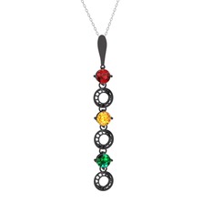 Garnet, sitrin ve yeşil kuvars 925 ayar siyah rodyum kaplama gümüş kolye (40 cm beyaz altın rolo zincir)