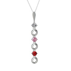 Beyaz zirkon, pembe kuvars ve garnet 925 ayar gümüş kolye (40 cm beyaz altın rolo zincir)