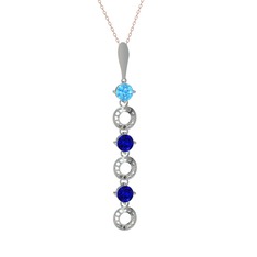 Akuamarin ve lab safir 8 ayar beyaz altın kolye (40 cm rose altın rolo zincir)