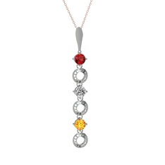 Garnet, beyaz zirkon ve sitrin 925 ayar gümüş kolye (40 cm rose altın rolo zincir)