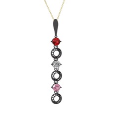Leilani Kolye - Garnet, beyaz zirkon ve pembe kuvars 925 ayar siyah rodyum kaplama gümüş kolye (40 cm gümüş rolo zincir) #llv7nr