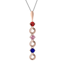 Garnet, pembe kuvars ve lab safir 925 ayar rose altın kaplama gümüş kolye (40 cm gümüş rolo zincir)