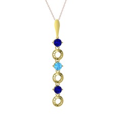 Lab safir ve akuamarin 925 ayar altın kaplama gümüş kolye (40 cm rose altın rolo zincir)