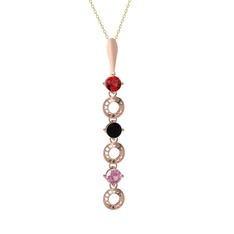 Garnet, siyah zirkon ve pembe kuvars 8 ayar rose altın kolye (40 cm altın rolo zincir)