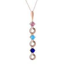 Pembe kuvars, akuamarin ve lab safir 8 ayar rose altın kolye (40 cm rose altın rolo zincir)