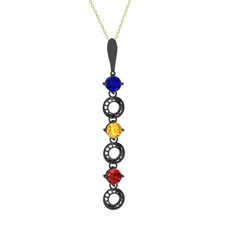 Lab safir, sitrin ve garnet 925 ayar siyah rodyum kaplama gümüş kolye (40 cm altın rolo zincir)