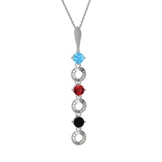 Akuamarin, garnet ve siyah zirkon 8 ayar beyaz altın kolye (40 cm gümüş rolo zincir)