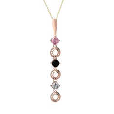 Pembe kuvars, siyah zirkon ve beyaz zirkon 925 ayar rose altın kaplama gümüş kolye (40 cm altın rolo zincir)