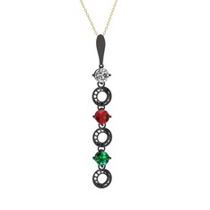 Beyaz zirkon, garnet ve yeşil kuvars 925 ayar siyah rodyum kaplama gümüş kolye (40 cm altın rolo zincir)