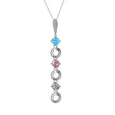 Leilani Kolye - Akuamarin, pembe kuvars ve beyaz zirkon 8 ayar beyaz altın kolye (40 cm rose altın rolo zincir) #og895a