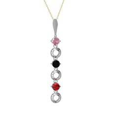 Pembe kuvars, siyah zirkon ve garnet 14 ayar beyaz altın kolye (40 cm gümüş rolo zincir)
