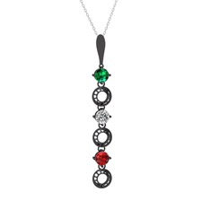 Yeşil kuvars, beyaz zirkon ve garnet 925 ayar siyah rodyum kaplama gümüş kolye (40 cm beyaz altın rolo zincir)