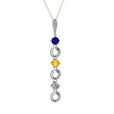 Lab safir, sitrin ve beyaz zirkon 14 ayar beyaz altın kolye (40 cm altın rolo zincir)