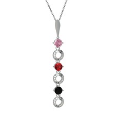 Pembe kuvars, garnet ve siyah zirkon 8 ayar beyaz altın kolye (40 cm gümüş rolo zincir)