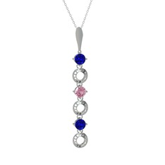 Lab safir ve pembe kuvars 925 ayar gümüş kolye (40 cm beyaz altın rolo zincir)