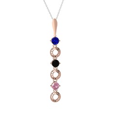 Lab safir, siyah zirkon ve pembe kuvars 925 ayar rose altın kaplama gümüş kolye (40 cm beyaz altın rolo zincir)