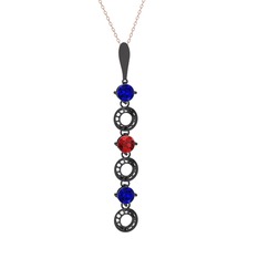 Lab safir ve garnet 925 ayar siyah rodyum kaplama gümüş kolye (40 cm rose altın rolo zincir)