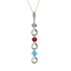 Beyaz zirkon, garnet ve akuamarin 8 ayar beyaz altın kolye (40 cm rose altın rolo zincir)