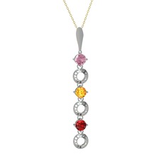 Pembe kuvars, sitrin ve garnet 14 ayar beyaz altın kolye (40 cm altın rolo zincir)