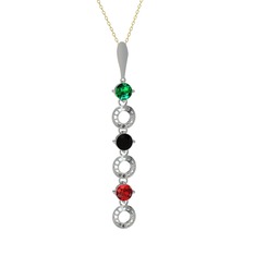 Yeşil kuvars, siyah zirkon ve garnet 14 ayar beyaz altın kolye (40 cm gümüş rolo zincir)