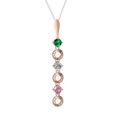 Yeşil kuvars, beyaz zirkon ve pembe kuvars 14 ayar rose altın kolye (40 cm beyaz altın rolo zincir)